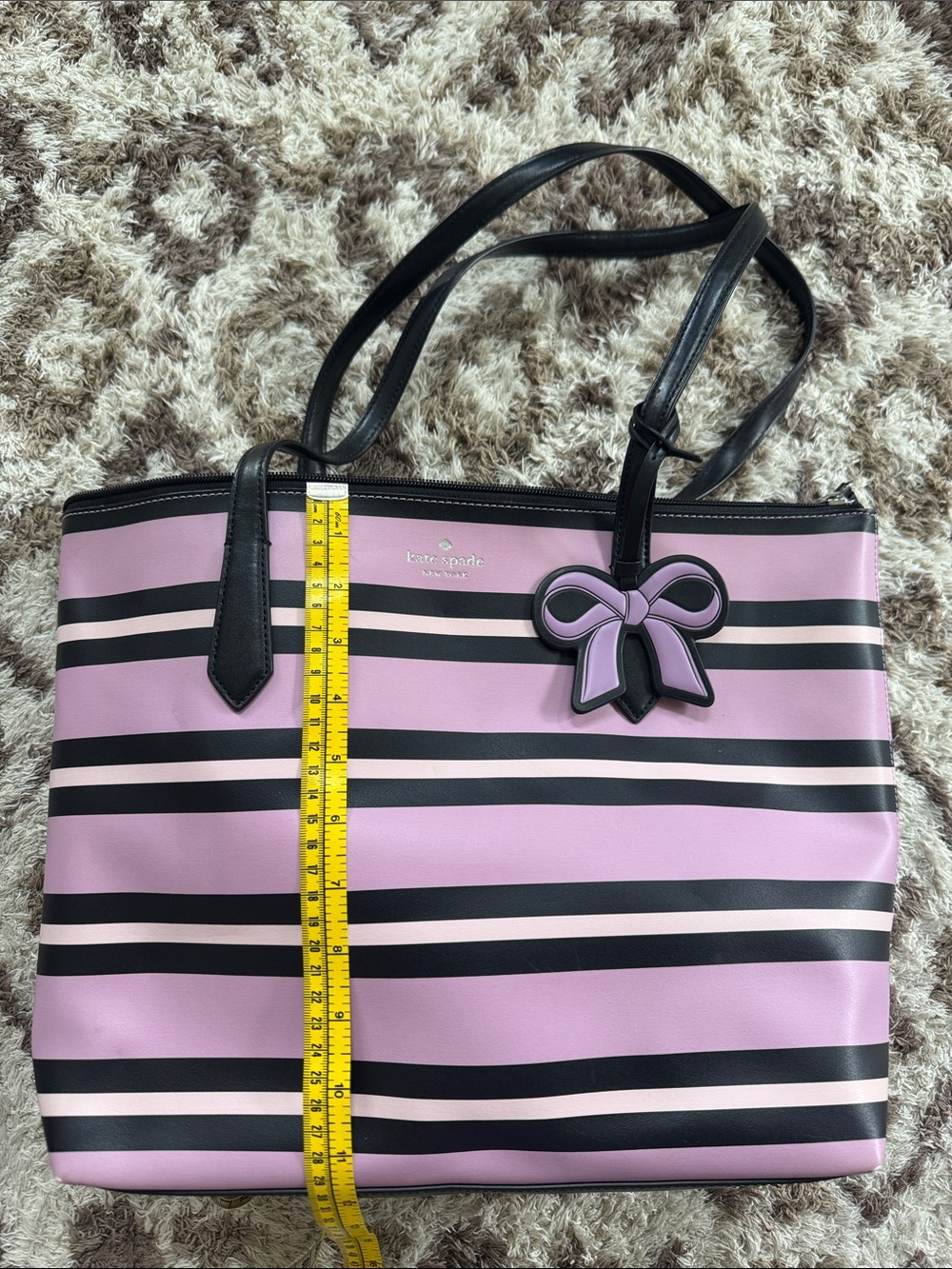 kate spade Pink and Black Striped Tote with Bow Charm